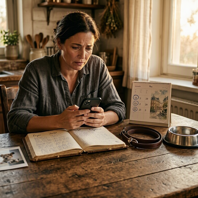 Dans une cuisine, un adulte regarde son téléphone devant un carnet, un calendrier, une laisse et une photo de chiot