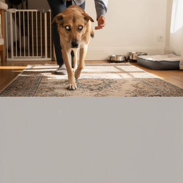 Un chien aux yeux légèrement voilés avance sur des tapis, guidé par la main de sa propriétaire dans un salon