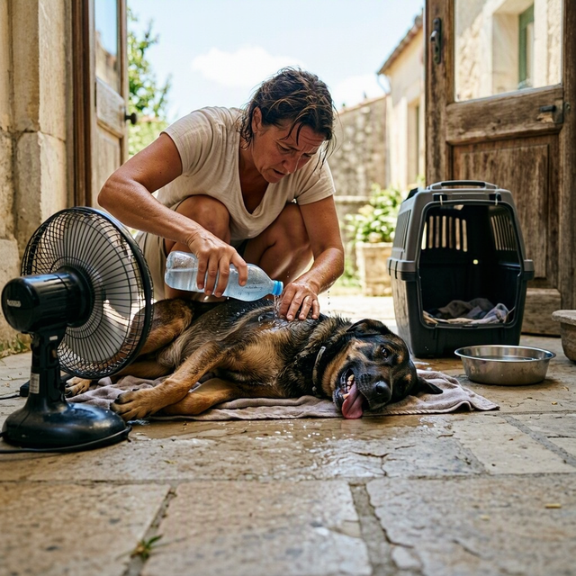 Un adulte mouille un chien haletant près d’un ventilateur, avec une caisse pour chat ouverte dans une clinique vétérinaire