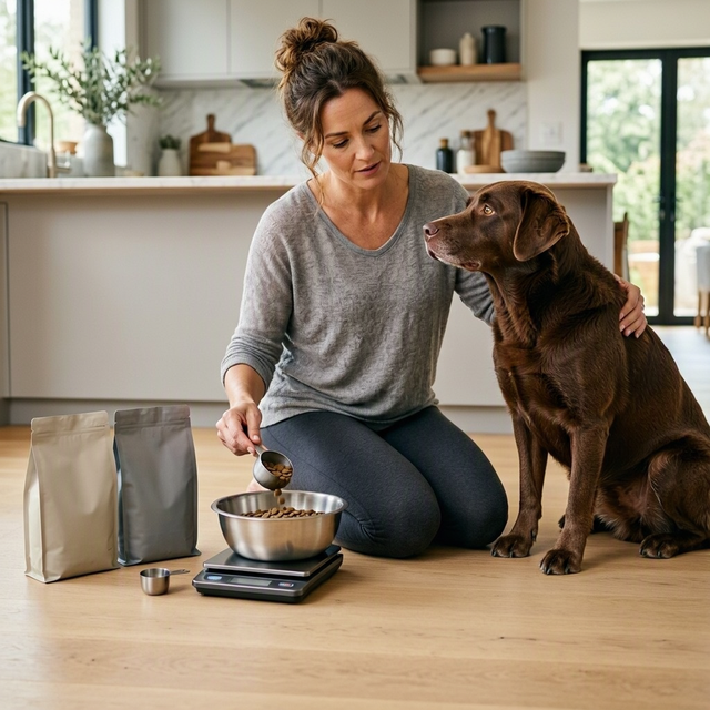 Une femme verse des croquettes dans une gamelle posée sur une balance, près d’un chien brun