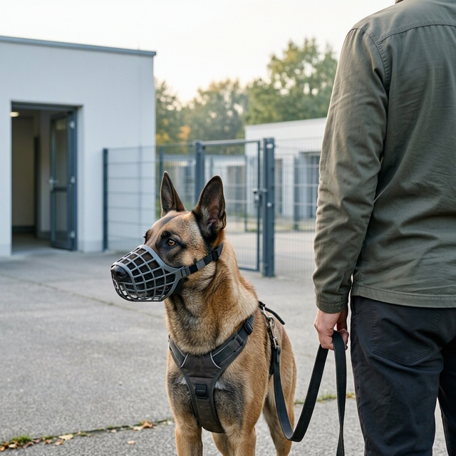 Un chien muselé en harnais se tient près d’un homme tenant sa laisse devant un bâtiment clôturé