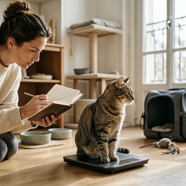 Un chat adulte se tient sur une balance près d’une fenêtre tandis que sa propriétaire note son poids dans un carnet