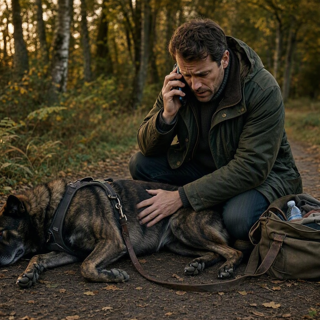 Un chien couché sur le flanc lors d’une promenade, son propriétaire agenouillé téléphone en observant son thorax