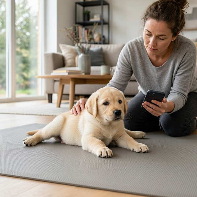 Un chiot est allongé sur le sol tandis qu’une femme lui pose une main sur le dos et tient un téléphone