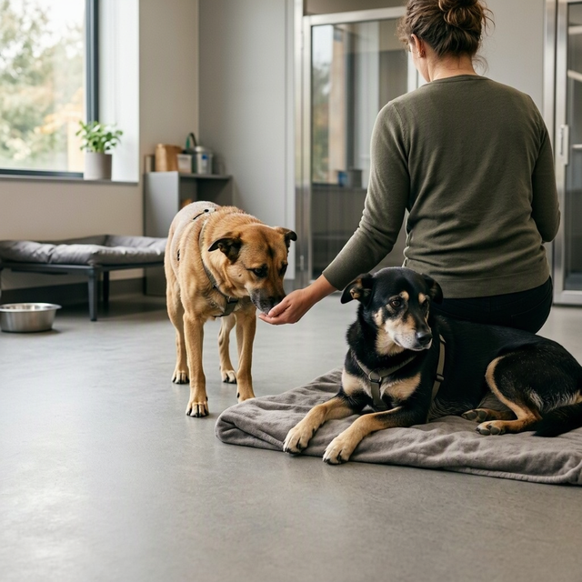 Une femme agenouillée tend la main à deux chiens dans une pièce, dont l’un est couché sur un coussin