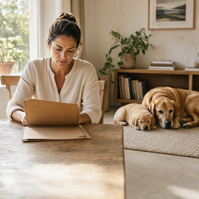 Chez un particulier, une femme examine des documents près d’un ordinateur, tandis qu’un chiot se tient auprès de sa mère