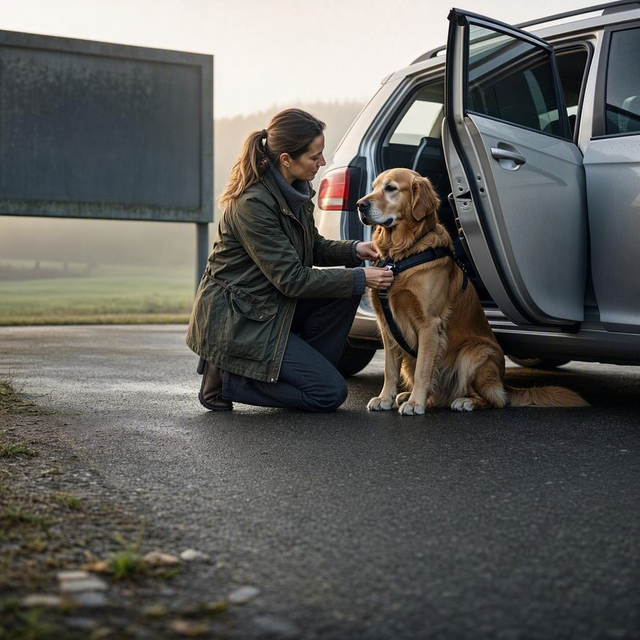 Sur une aire de repos, une adulte vérifie le harnais d’un chien près d’une voiture, à côté d’un sac ouvert