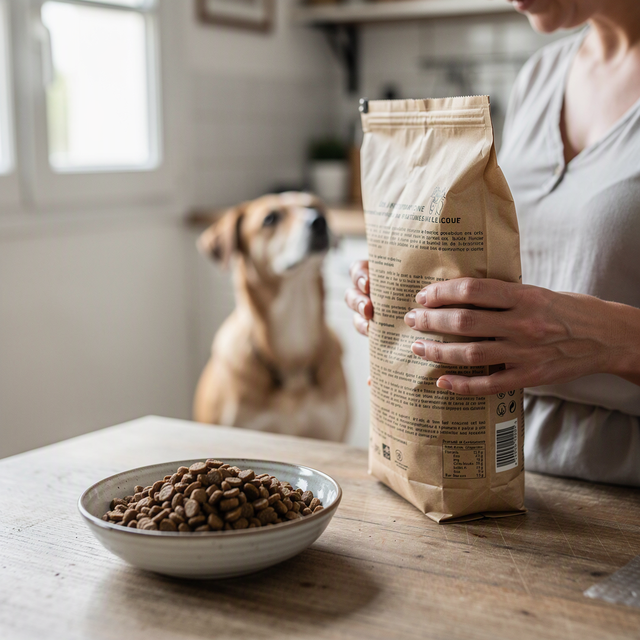 Dans une cuisine, une femme lit l’étiquette d’un sac de croquettes véganes près d’un bol et d’un chien