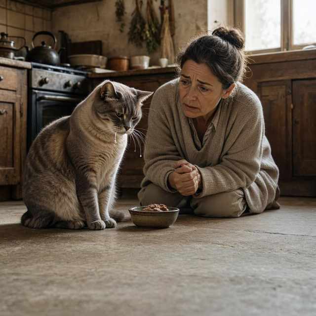 Dans une cuisine, une femme accroupie observe un chat qui détourne la tête devant sa pâtée, salive au coin de la bouche