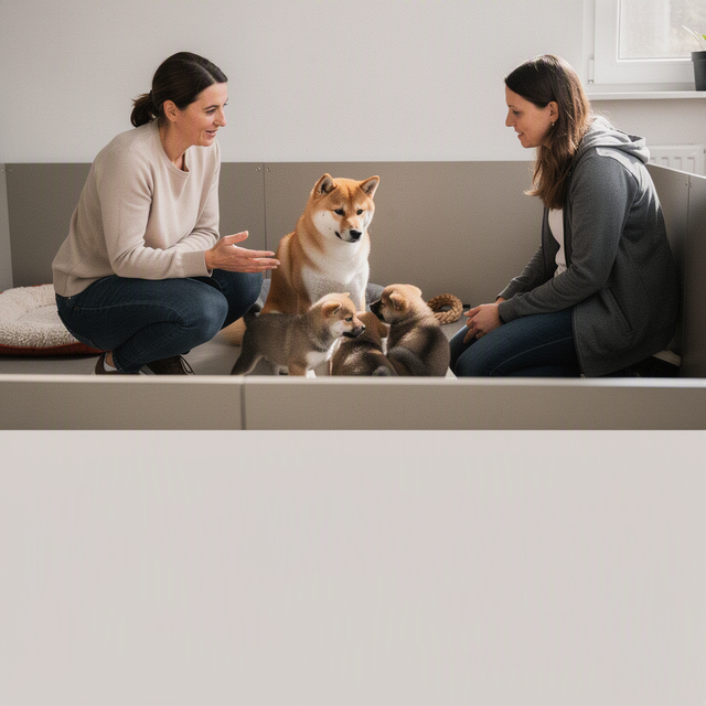 Dans un élevage, une femme observe une mère Shiba Inu et ses chiots; l’éleveuse montre des documents sur tablette