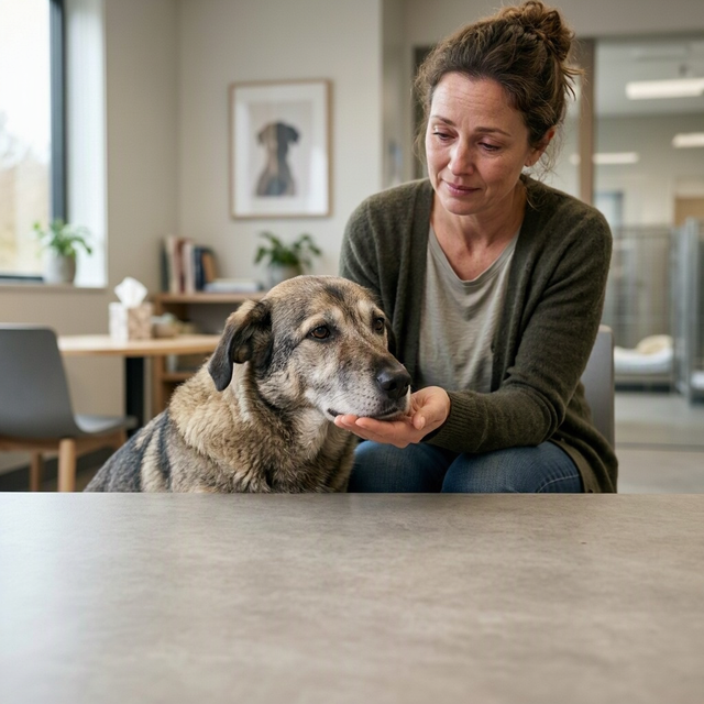 Une femme assise caresse le museau d’un chien dans un intérieur