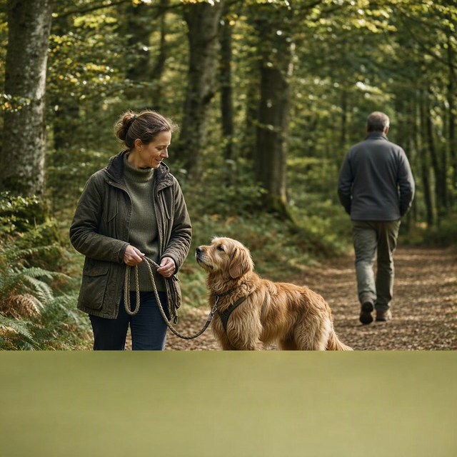 En forêt, une adulte tient la longe détendue de son chien qui la regarde tandis qu’un promeneur passe au loin