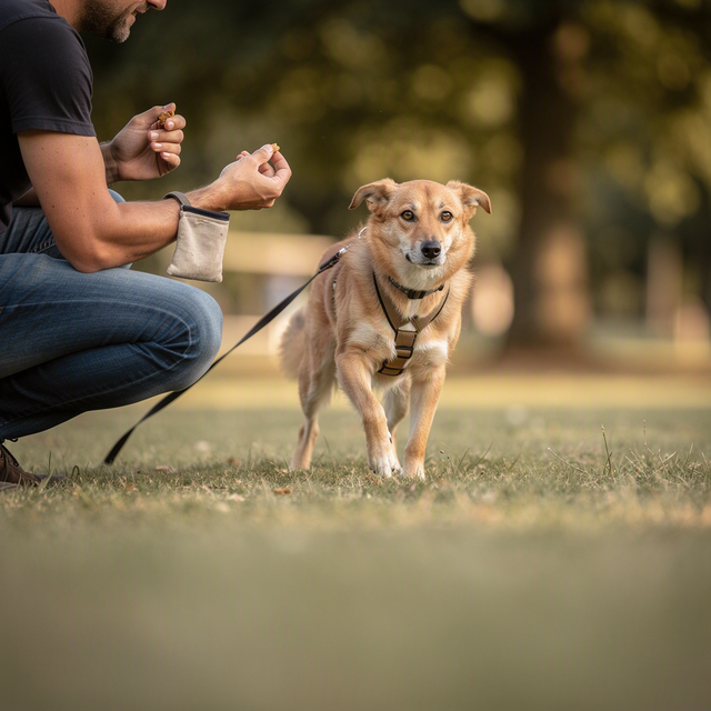 Dans un parc, un adulte accroupi tend des friandises à un chien adopté qui revient vers lui en longe