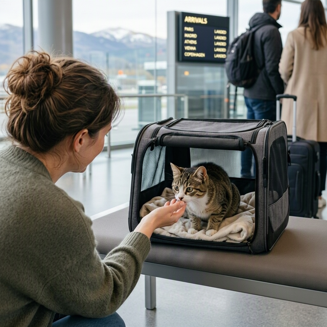 Une femme tend la main vers un chat assis dans une caisse de transport, dans un hall d’aéroport