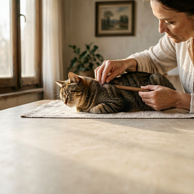 Dans un salon, un adulte écarte les poils du dos de son chat et mesure une boule avec une petite règle