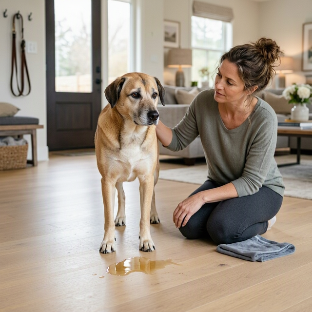 Une femme agenouillée caresse un chien debout près d’une flaque sur le sol d’un salon