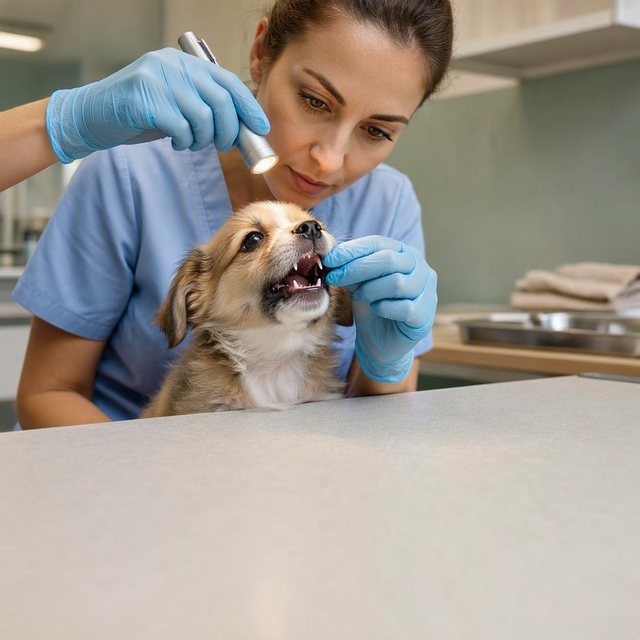Sur une table vétérinaire, un adulte relève la babine d’un chiot et une vétérinaire éclaire deux crocs, dont une dent de lait