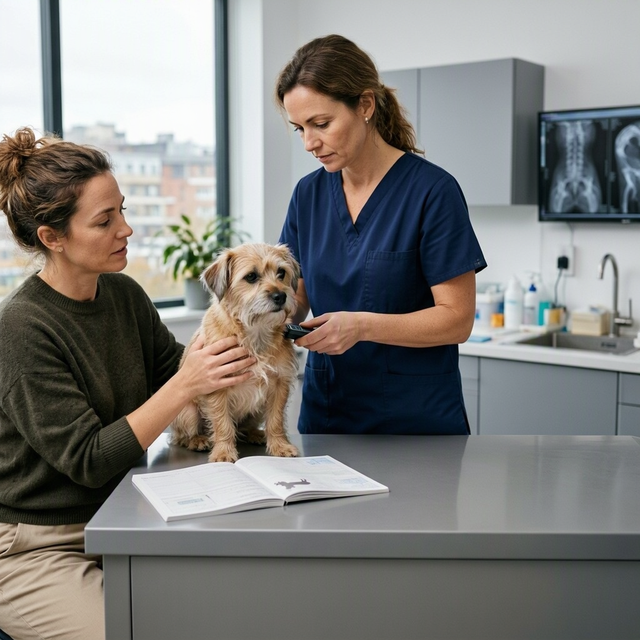 Une vétérinaire examine un chien tenu par sa propriétaire sur une table, près d’un carnet ouvert