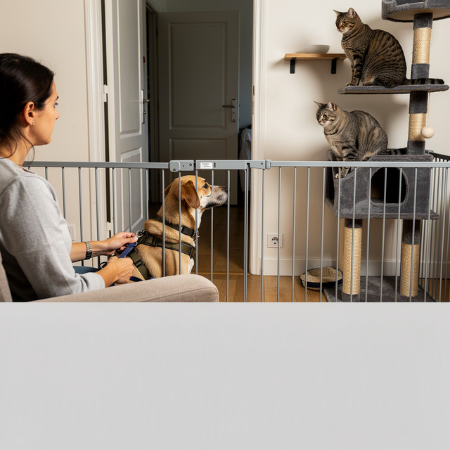 Dans un salon, une femme tient en laisse un chien de refuge face à deux chats perchés derrière une haute barrière