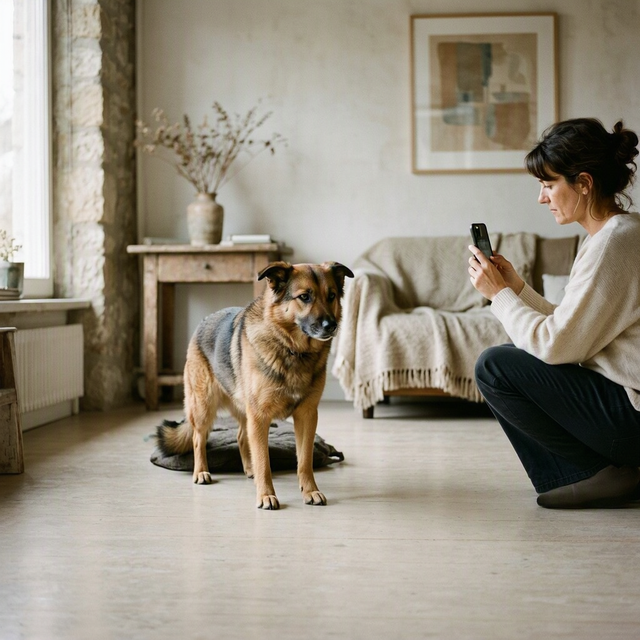 Un chien se lève de son tapis dans un salon, filmé de profil au téléphone par sa propriétaire accroupie