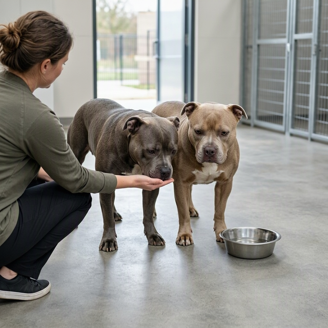 Une femme accroupie tend la main vers deux chiens debout dans un chenil, près d’une gamelle