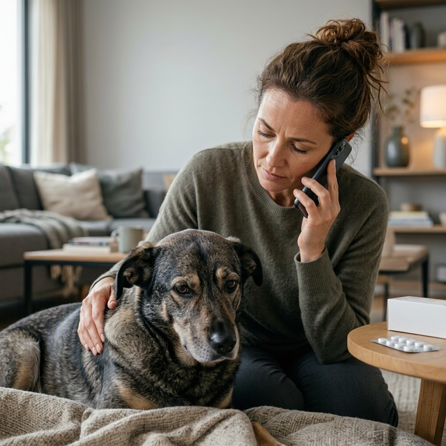 Une femme au téléphone caresse un chien allongé près d’une boîte de vermifuge et de comprimés