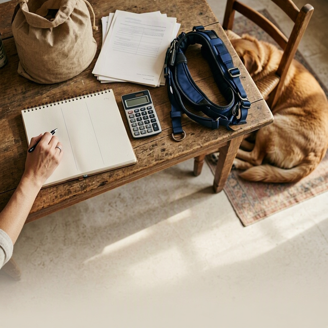 Un chien couché près d’une table avec carnet de budget, calculatrice, factures, croquettes et harnais bleu