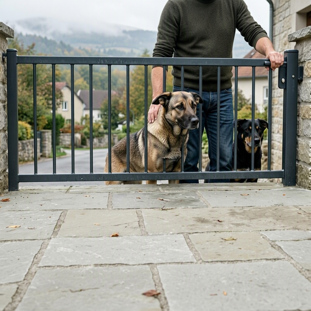 Deux chiens se tiennent derrière un portail, près d’un homme dans une rue résidentielle
