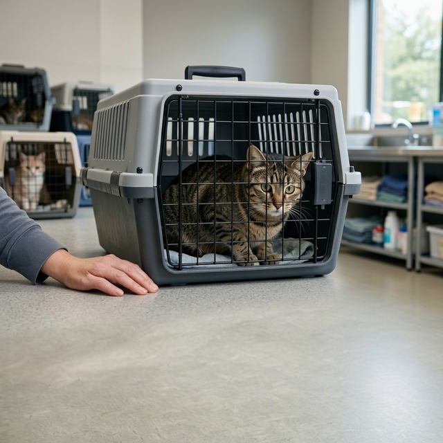 Un chat tigré est assis dans une caisse de transport, avec deux autres chats en arrière-plan