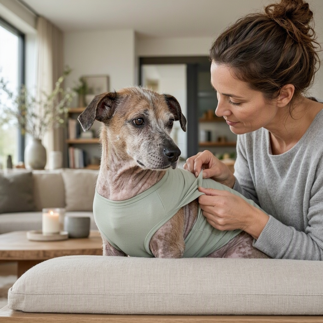 Une femme ajuste le vêtement d’un chien présentant une alopécie, assis sur un coussin dans un salon