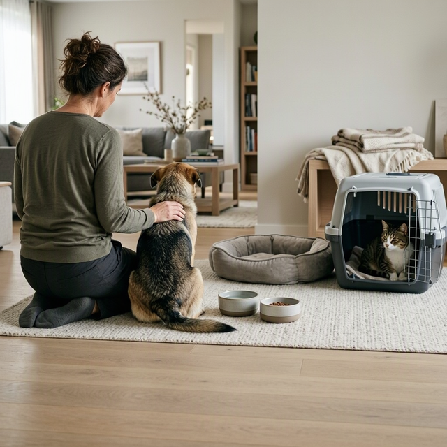 Une femme agenouillée caresse un chien près d’un chat installé dans une caisse de transport, dans un salon