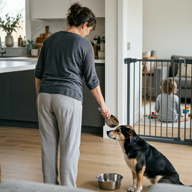 Une femme verse des croquettes à un chien dans une cuisine, tandis qu’un enfant est assis derrière une barrière