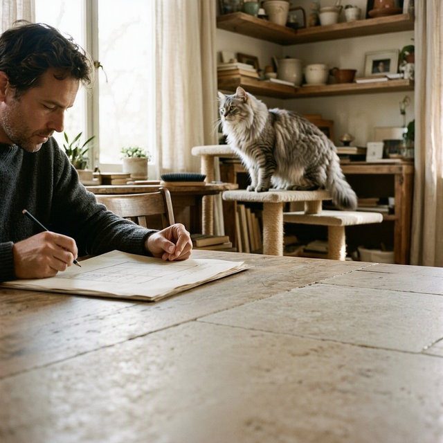 Un adulte compare des colonnes sur une feuille à une table, près d’un chat à poil mi-long sur un arbre à chat