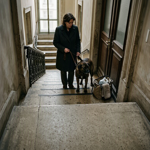 Une adulte tient un chien en laisse sur le palier d’un appartement, face à un escalier près d’un sac de promenade