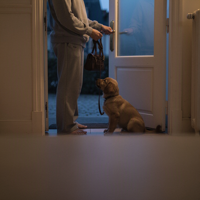 Dans l’entrée, un adulte ouvre la porte, laisse et petit sac en main, tandis qu’un chiot assis regarde dehors