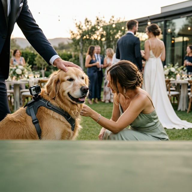 Un golden retriever équipé d’une caméra est caressé pendant une réception de mariage en plein air