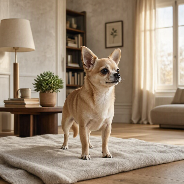 Un chihuahua se tient sur une couverture dans un salon, près d’un ordinateur affichant des segments d’ADN