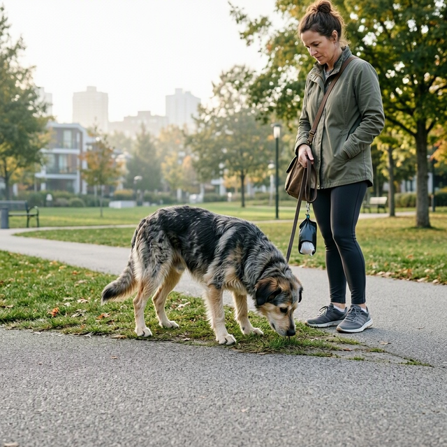 Une femme tient son chien en laisse et un sac à caca noir dans un parc
