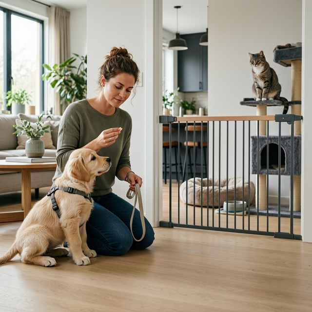 Une femme récompense un chiot devant une barrière, tandis que les chats restent sur leur arbre à chat