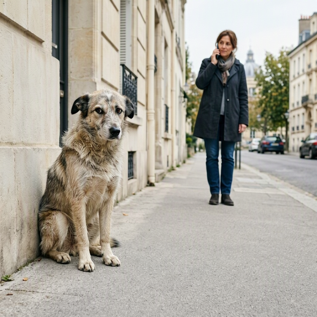 Un chien, animal au pelage sale, est assis contre un mur tandis qu’une femme téléphone sur le trottoir