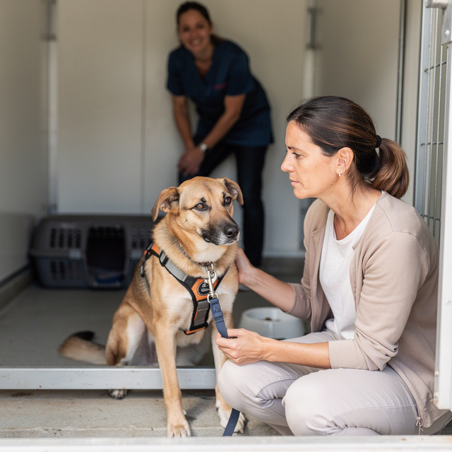 Une femme tient la laisse et le harnais d’un chien dans un refuge, près d’un bénévole, d’un panier et d’une gamelle