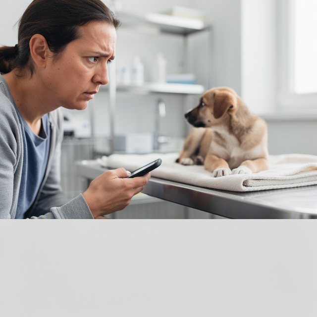 Une adulte téléphone près d’un chiot dans une salle vétérinaire pour du sang dans les selles
