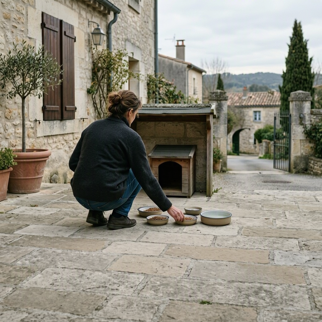 Une femme accroupie dépose des bols de nourriture devant une petite niche en bois dans une cour pavée