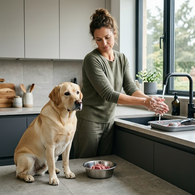 Une femme se lave les mains au lavabo, un chien sur le plan de travail près d'un bol contenant de la viande crue