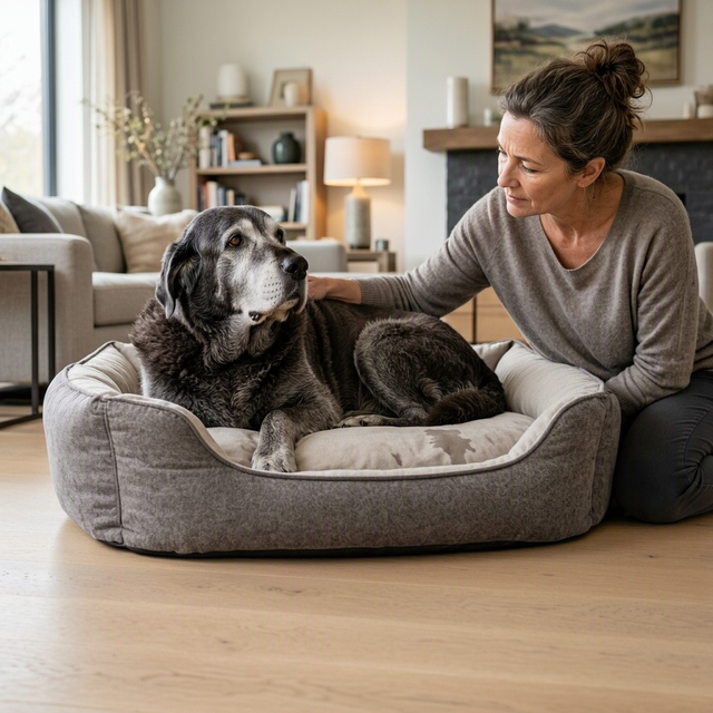 Une femme caresse un chien âgé allongé dans un panier gris taché, dans un salon