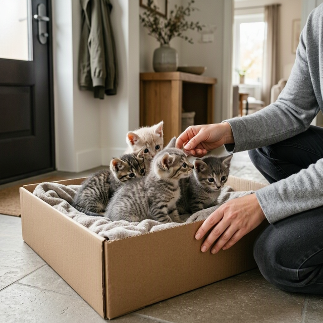 Quatre chatons sont regroupés dans un carton garni d’une couverture, près d’une personne agenouillée