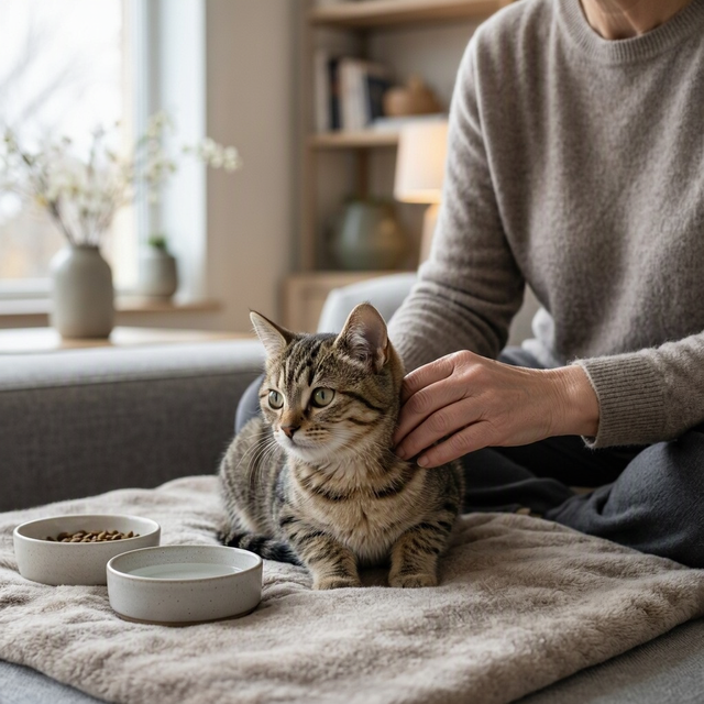 Un chat tigré est assis sur une couverture tandis qu’une personne le caresse près de deux bols