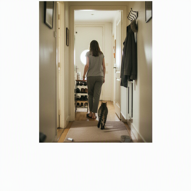 Dans le couloir d’un appartement, un chat suit sa maîtresse qui marche vers une autre pièce