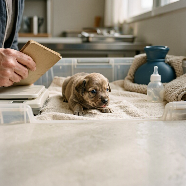 Un chiot de quatre semaines repose sur une serviette dans une caisse ouverte, près d’une balance chez le vétérinaire