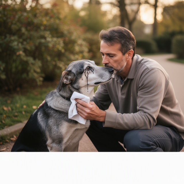 Dans un parc, un adulte accroupi approche une compresse de l’œil larmoyant de son chien âgé
